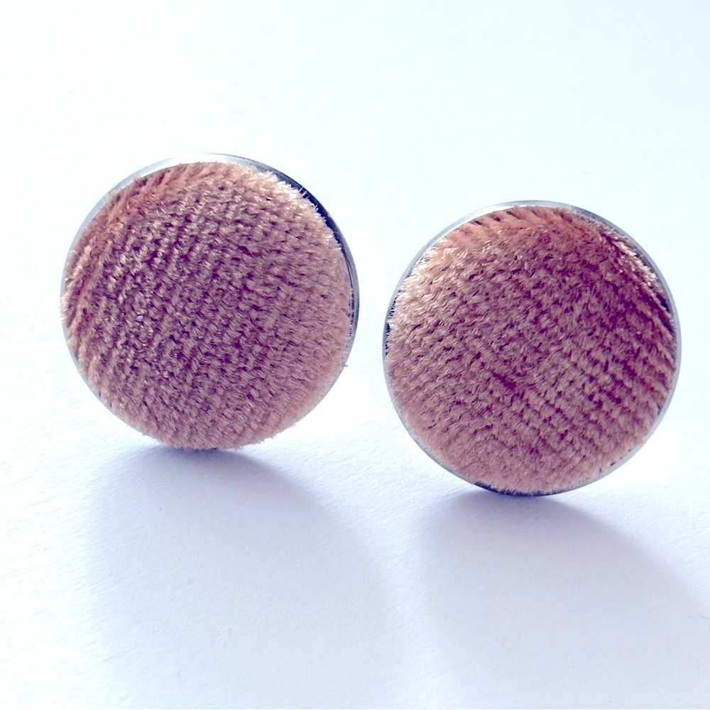 Beige Velvet Fabric Button Stainless Steel Earrings, NWT, Handmade, Unworn
